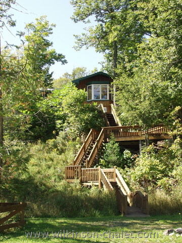 Cottage stairs to the lake during the Summer,
       Lac des trente et un milles (31 miles lake),
       Bouchette, Quebec